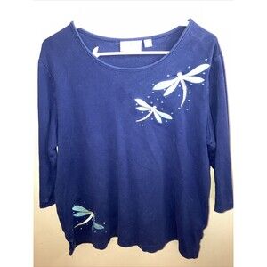 Quacker Factory Size L Blue Dragon Fly 3/4 Sleeve T-Shirt Rhinestones